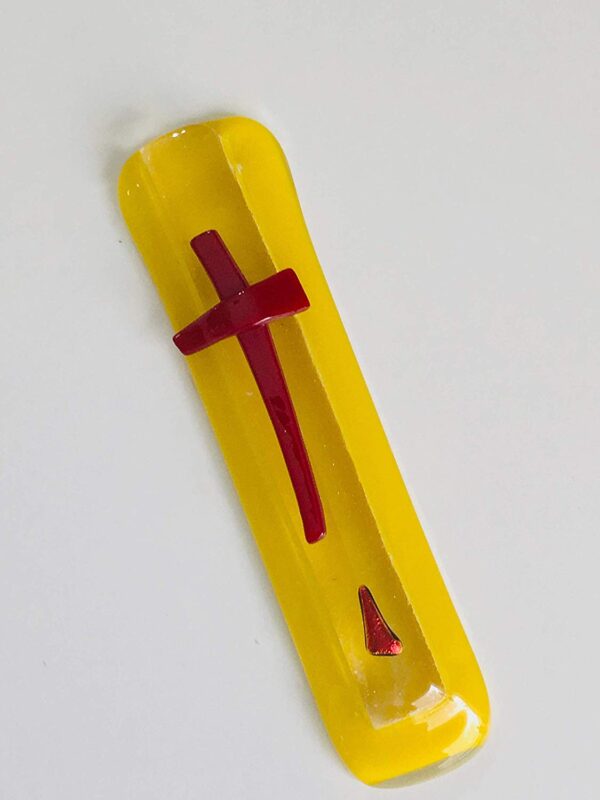 Fused Glass Christian Prayer House Blessing Yellow with Red Dichroic Red