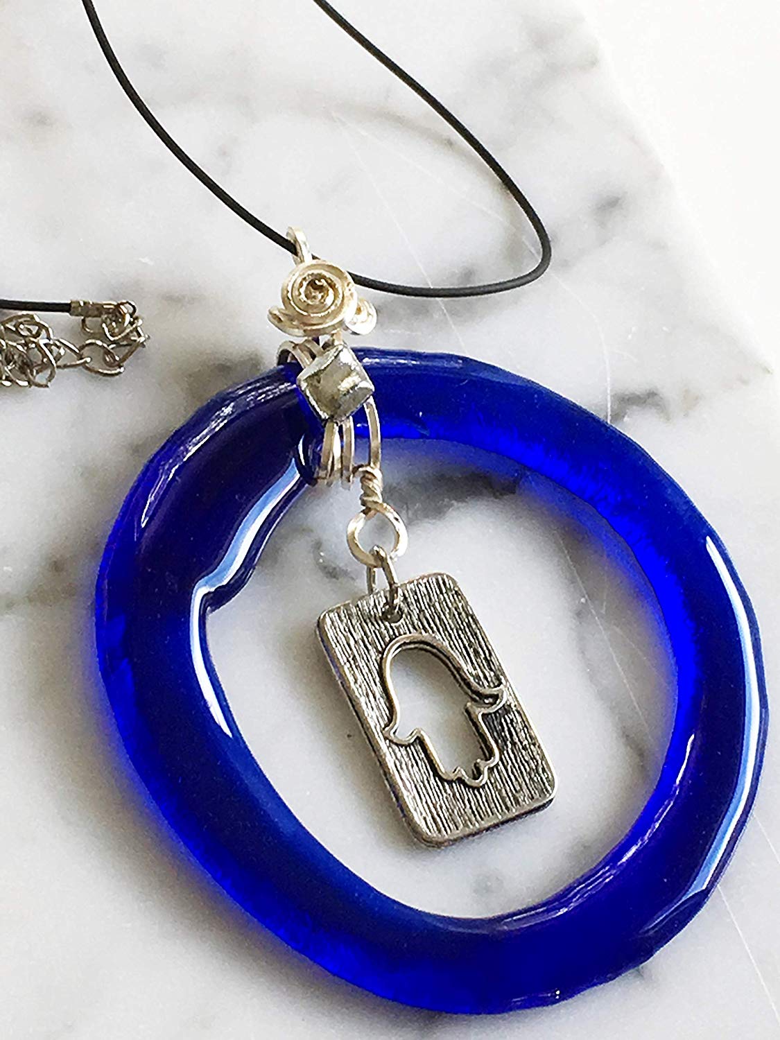 Recycled Fused Glass Pendent Handmade Blue Glass with Hamsa Recycled Fused Glass Pendent Handmade Blue Glass with Hamsa