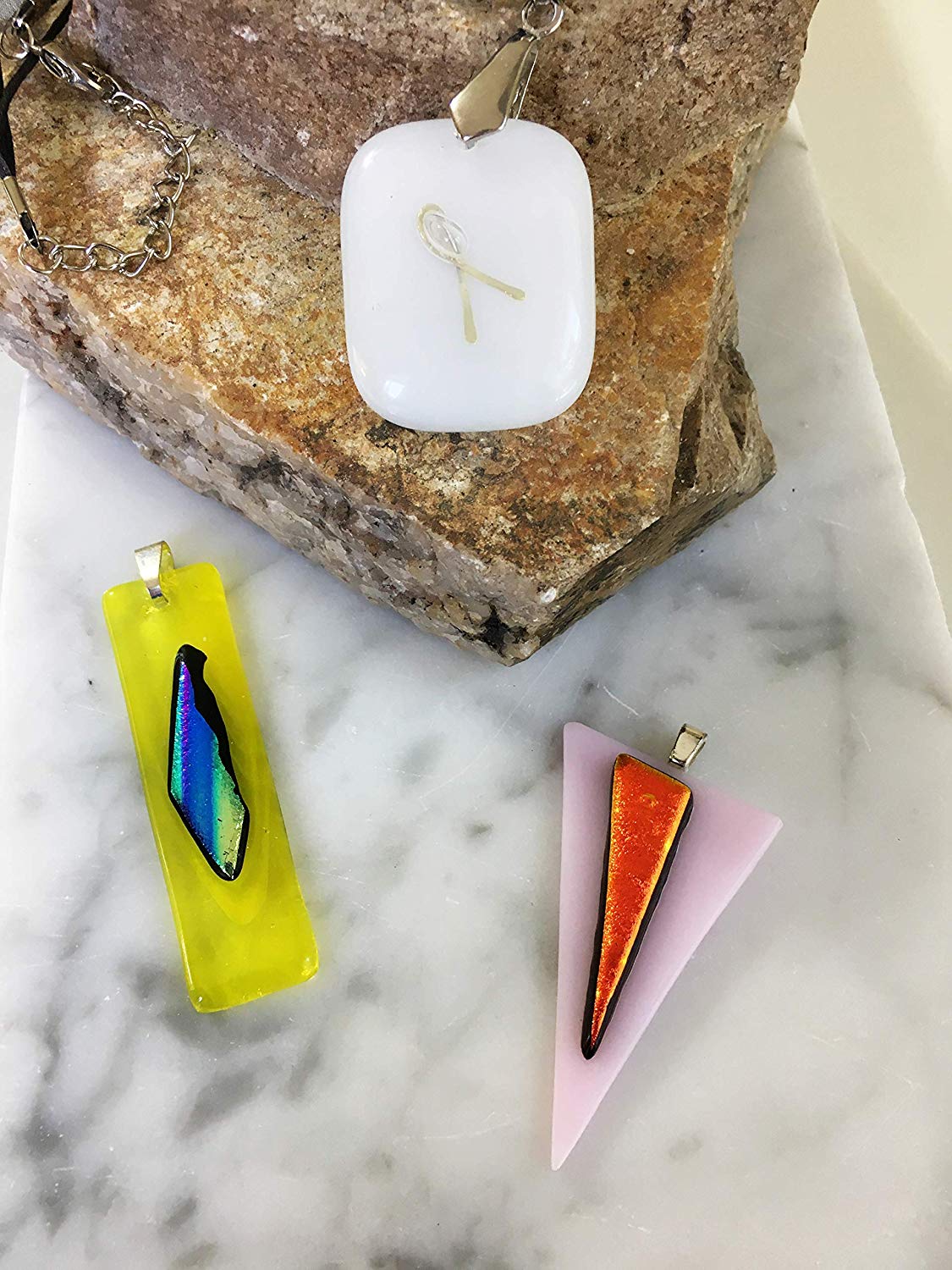 Fused Glass Pendant Necklace Set Of 3 (White, Pink, Yellow with Dichroic Fused Glass Accents) Fused Glass Pendant Necklace Set Of 3 (White, Pink, Yellow with Dichroic Fused Glass Accents)