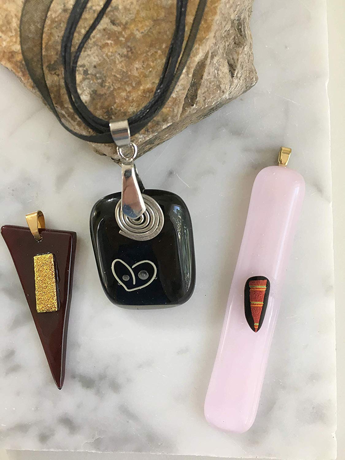 Fused Glass Pendant Necklace Set Of 3 (Black, Pink, Dark Brown with Dichroic Fused Glass Accents) Fused Glass Pendant Necklace Set Of 3 (Black, Pink, Dark Brown with Dichroic Fused Glass Accents)