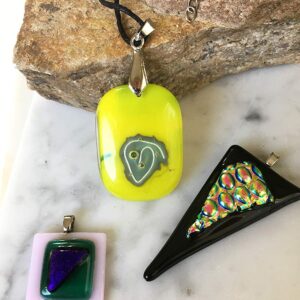 Fused Glass Pendant Necklace Set Of 3 (Yellow, Black, Pink with Dichroic Fused Glass Accents)