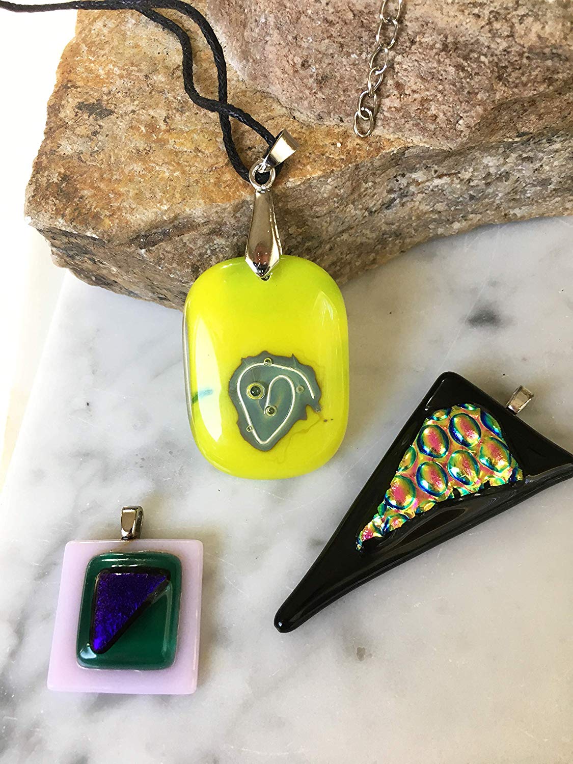 Fused Glass Pendant Necklace Set Of 3 (Yellow, Black, Pink with Dichroic Fused Glass Accents) Fused Glass Pendant Necklace Set Of 3 (Yellow, Black, Pink with Dichroic Fused Glass Accents)
