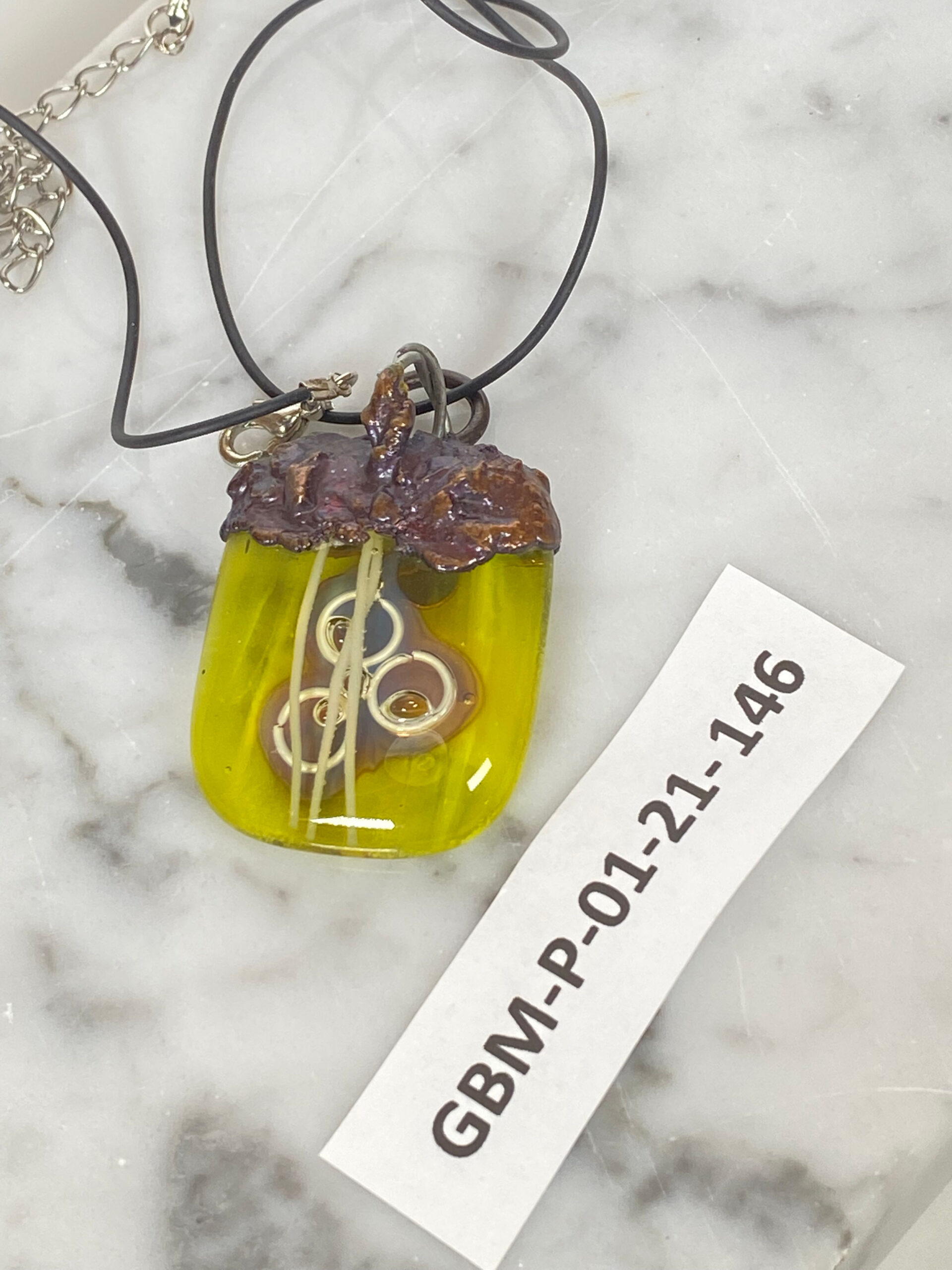 Electroformed Copper Pendant Fine Silver Heart Yellow Fused Glass Electroformed Copper Pendant Fine Silver Heart Yellow Fused Glass