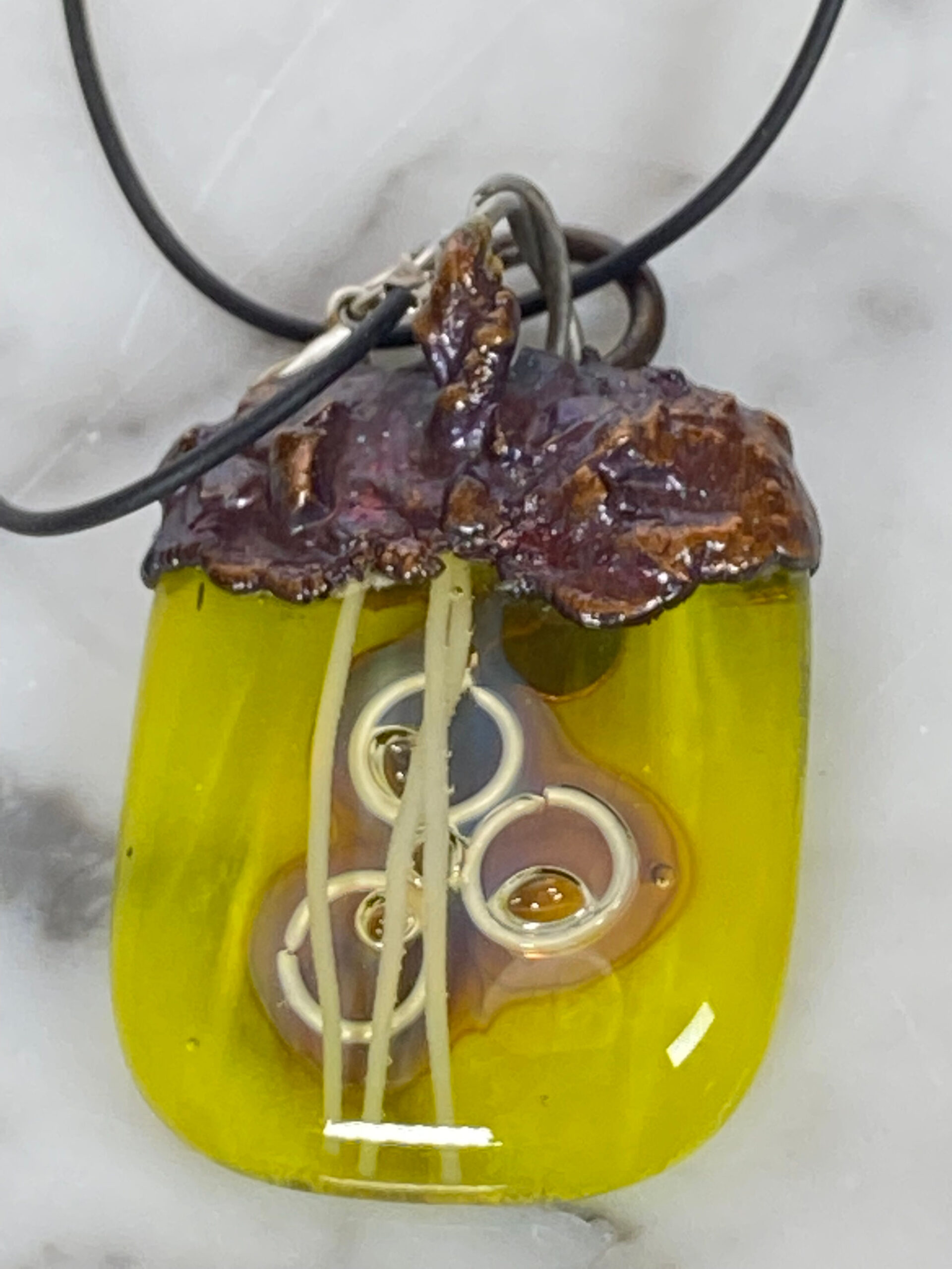 Electroformed Copper Pendant Fine Silver Heart Yellow Fused Glass Electroformed Copper Pendant Fine Silver Heart Yellow Fused Glass
