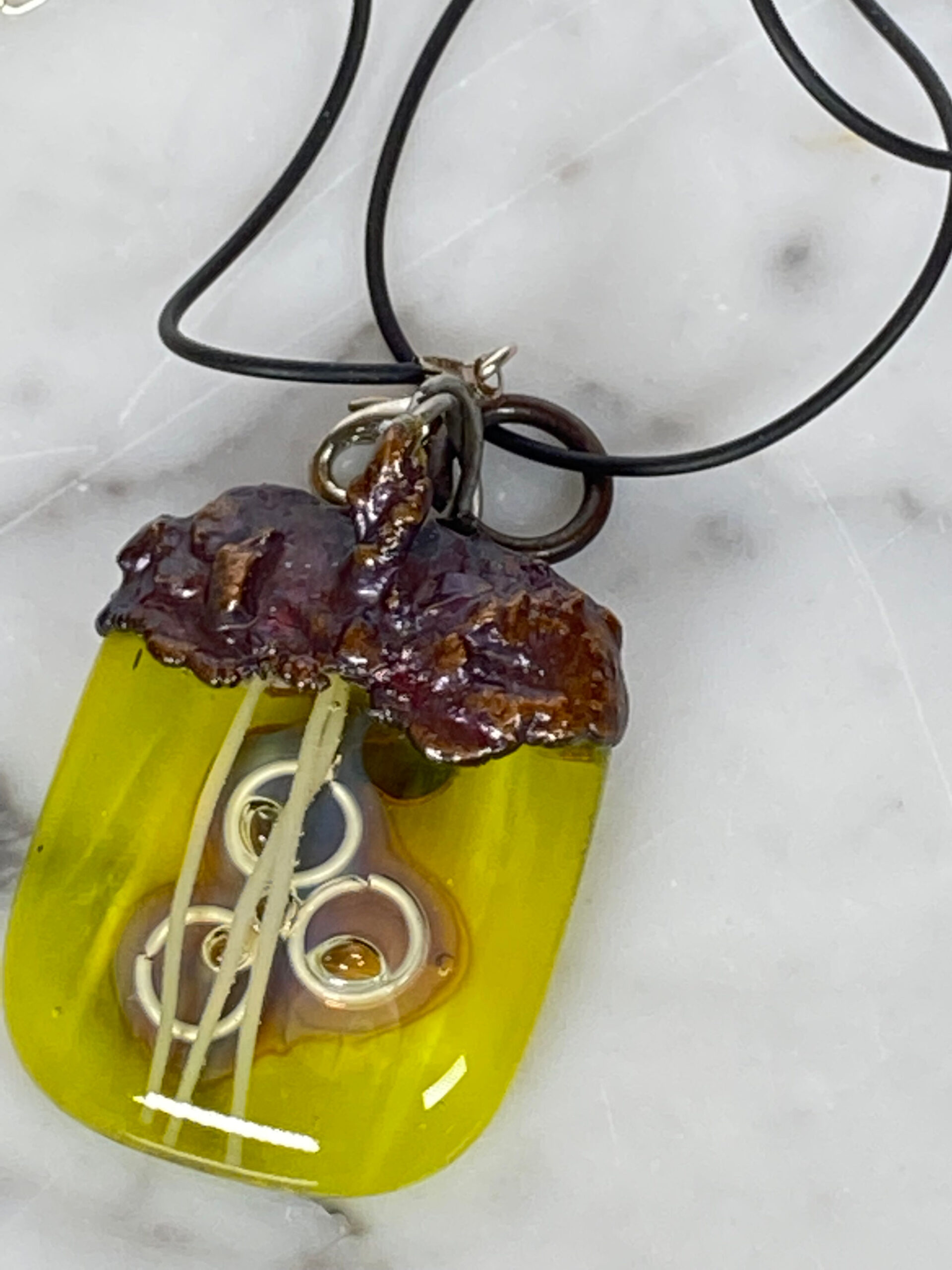 Electroformed Copper Pendant Fine Silver Heart Yellow Fused Glass Electroformed Copper Pendant Fine Silver Heart Yellow Fused Glass