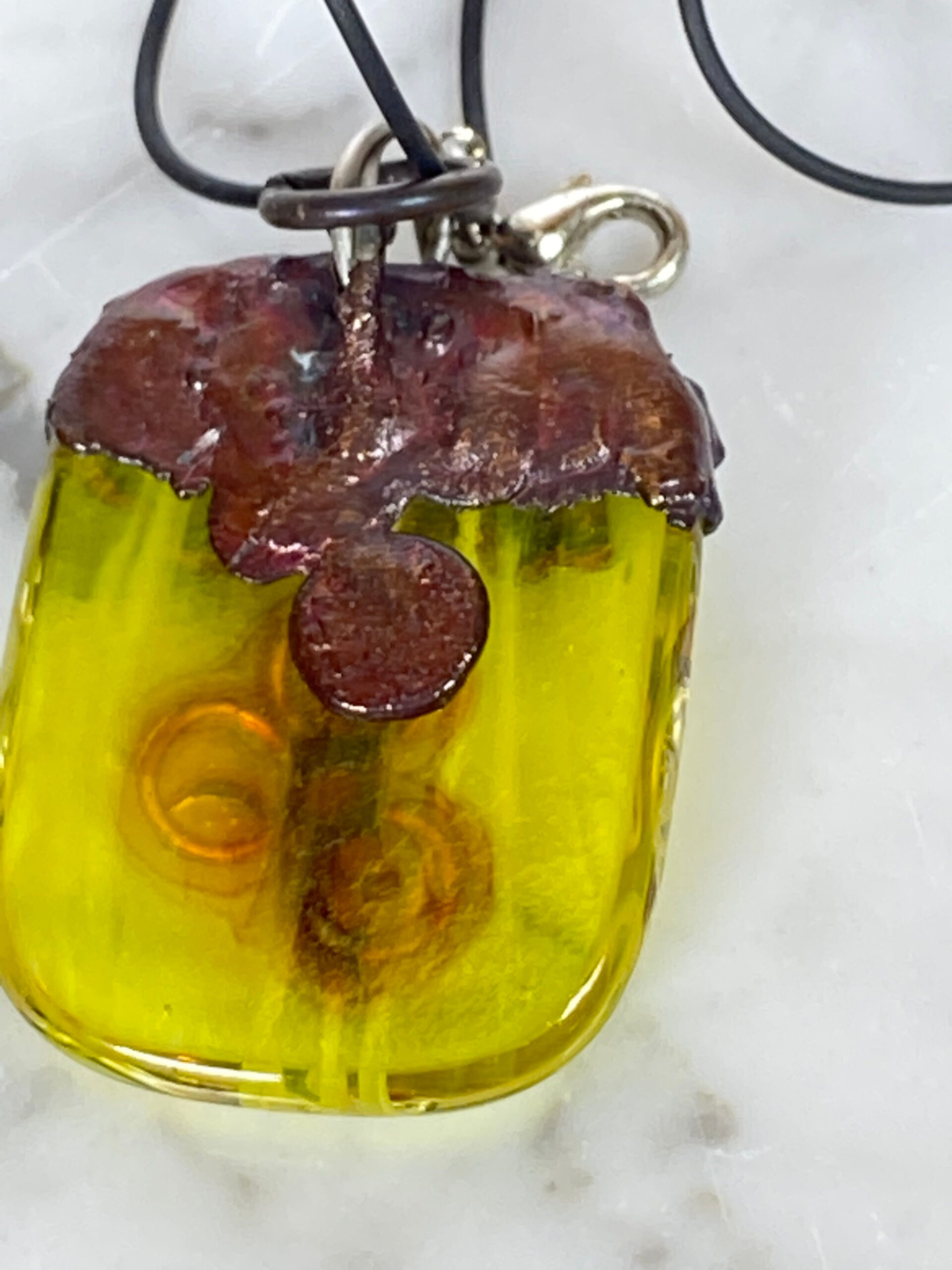 Electroformed Copper Pendant Fine Silver Heart Yellow Fused Glass Electroformed Copper Pendant Fine Silver Heart Yellow Fused Glass