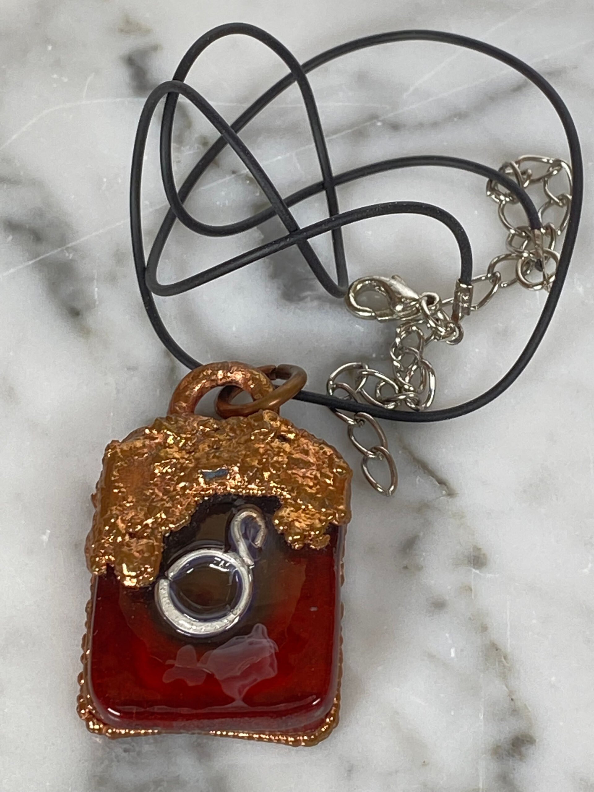 Electroformed Copper Pendant Fine Silver Heart Red Fused Glass Electroformed Copper Pendant Fine Silver Heart Red Fused Glass