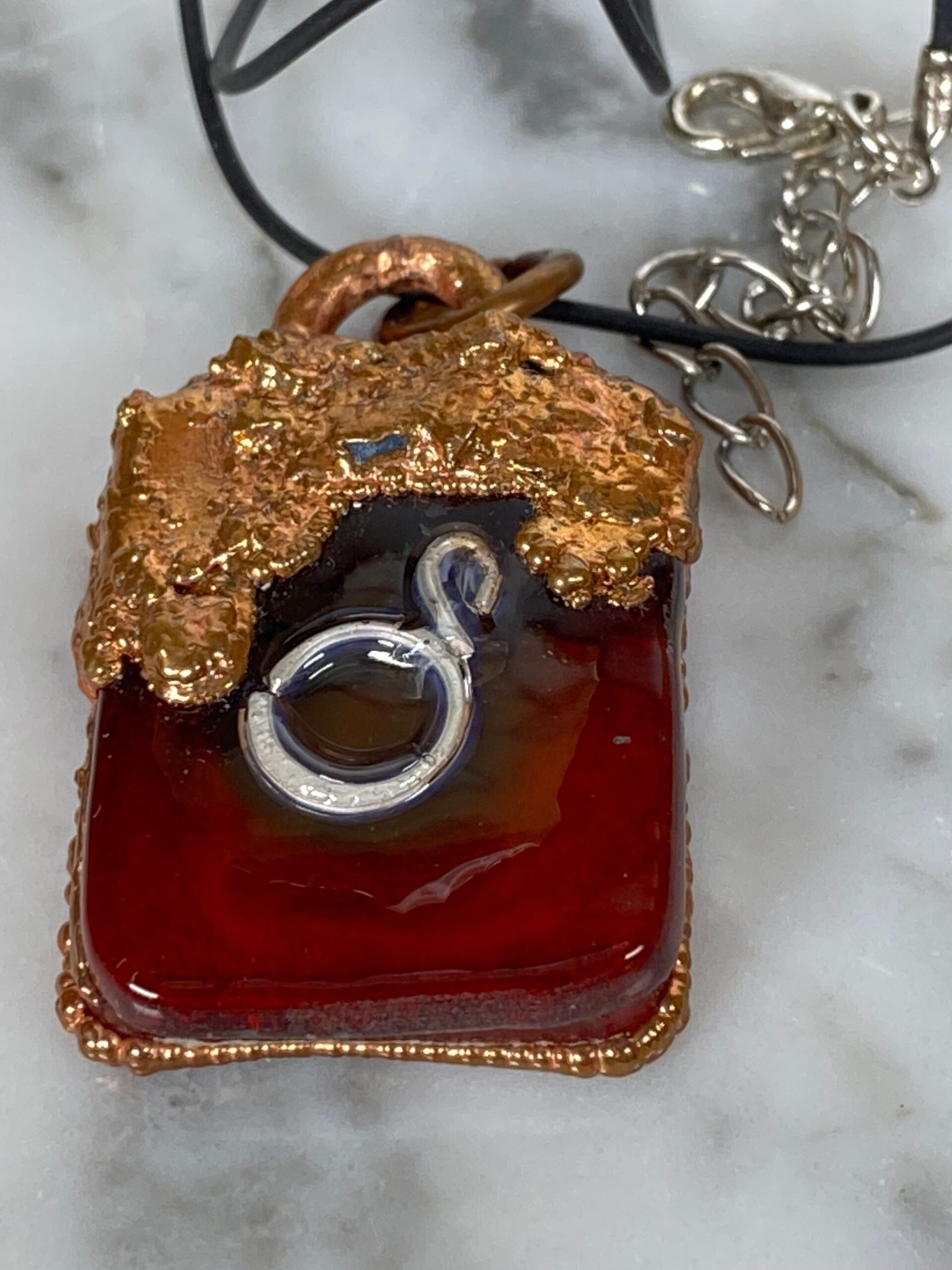 Electroformed Copper Pendant Fine Silver Heart Red Fused Glass Electroformed Copper Pendant Fine Silver Heart Red Fused Glass