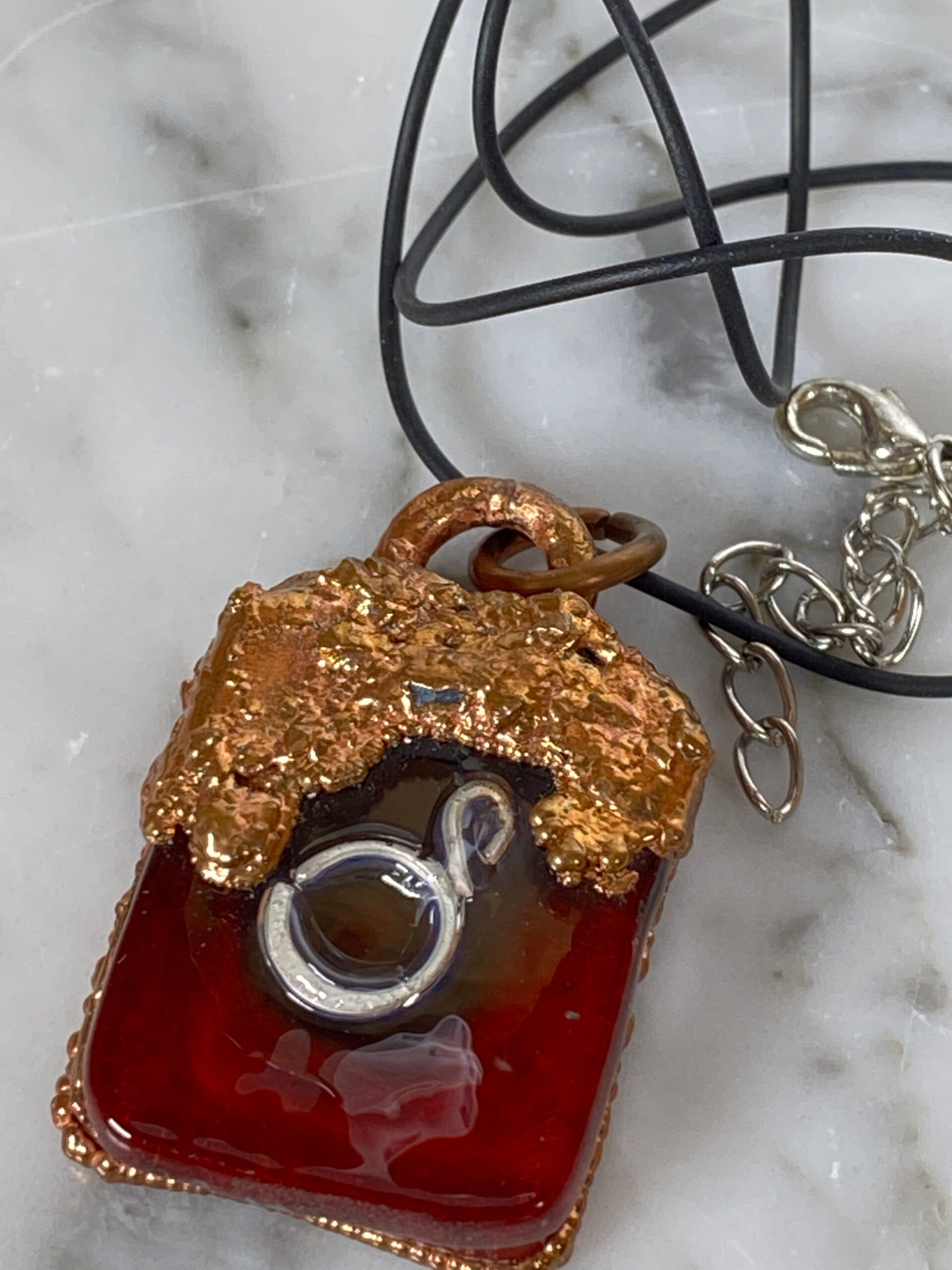 Electroformed Copper Pendant Fine Silver Heart Red Fused Glass Electroformed Copper Pendant Fine Silver Heart Red Fused Glass