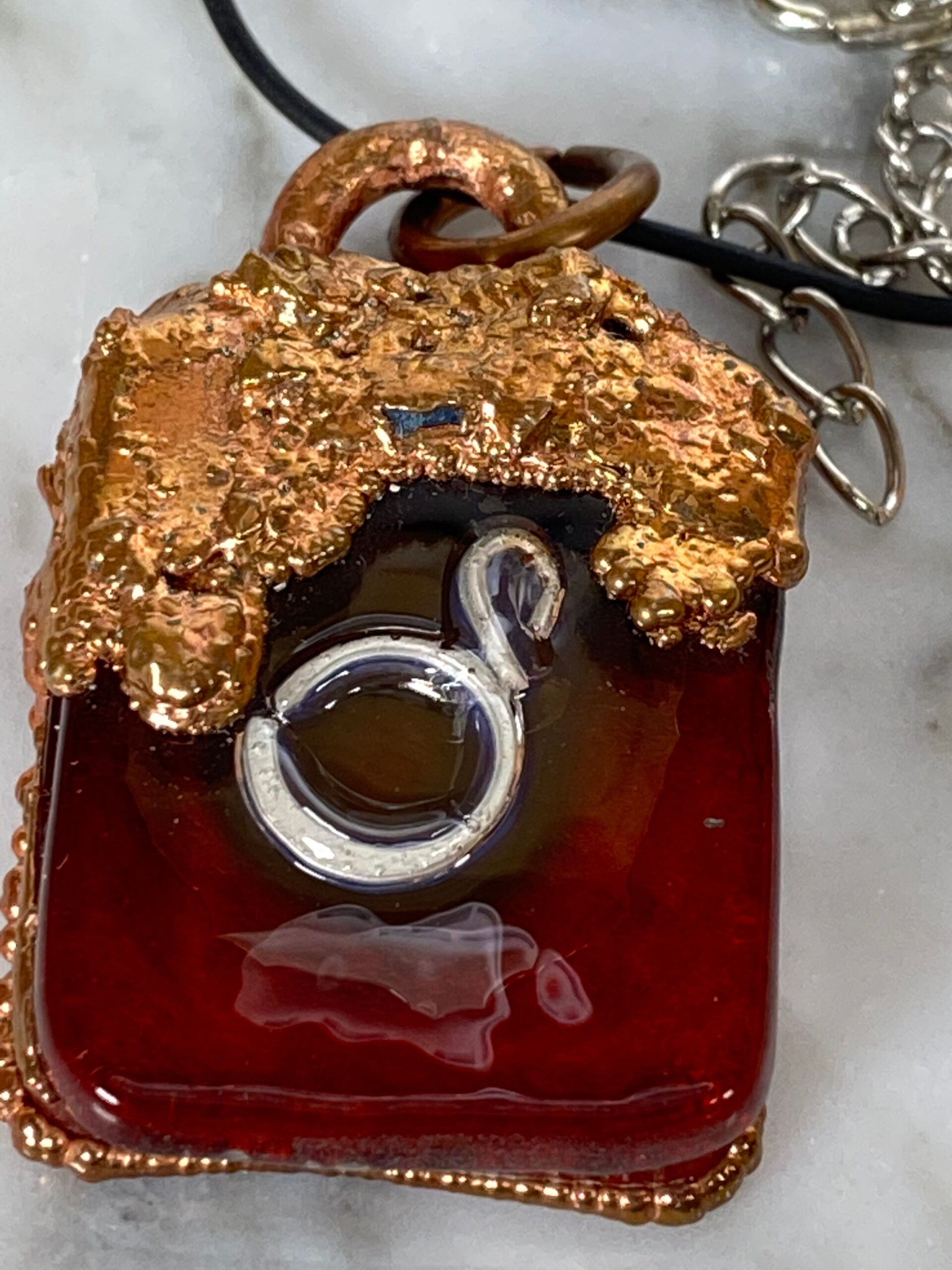 Electroformed Copper Pendant Fine Silver Heart Red Fused Glass Electroformed Copper Pendant Fine Silver Heart Red Fused Glass