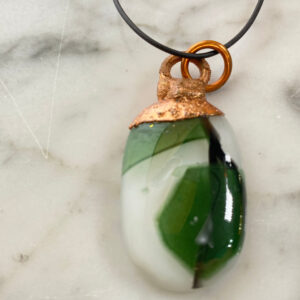 Electroformed Copper Pendant White With Green Accents Fused Glass