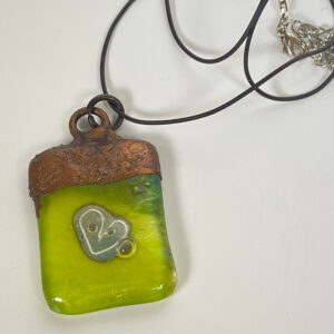 Electroformed Copper Pendant Fine Silver Heart Yellow Fused Glass