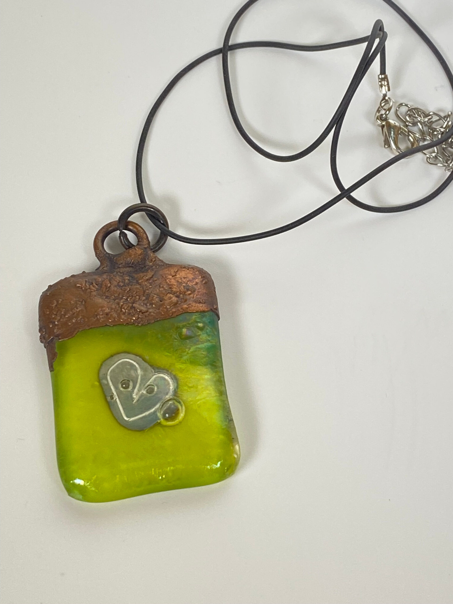 Electroformed Copper Pendant Fine Silver Heart Yellow Fused Glass Electroformed Copper Pendant Fine Silver Heart Yellow Fused Glass