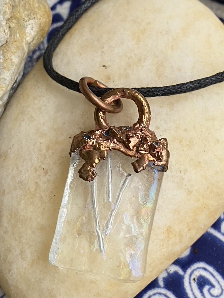 Modern Jewish Fine Silver Shin Pendant with Electroformed Copper and Fused Glass