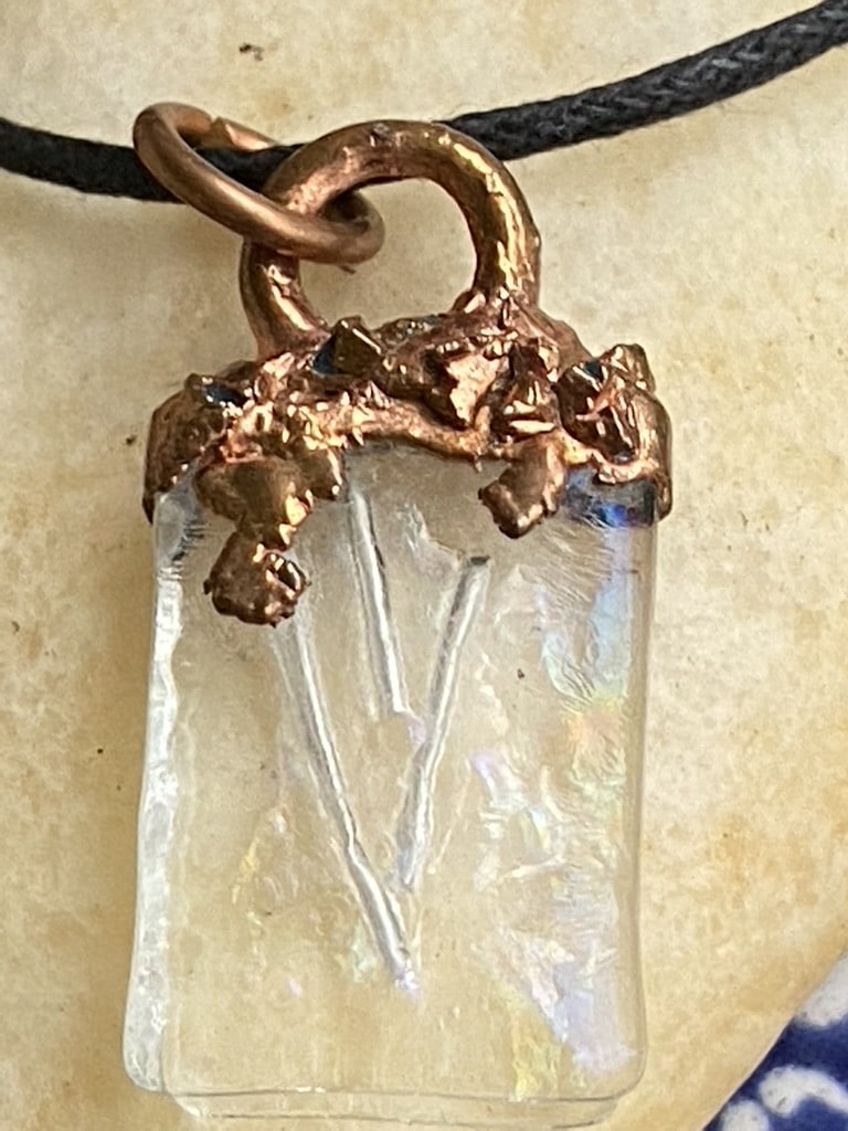 Modern Jewish Fine Silver Shin Pendant with Electroformed Copper and Fused Glass