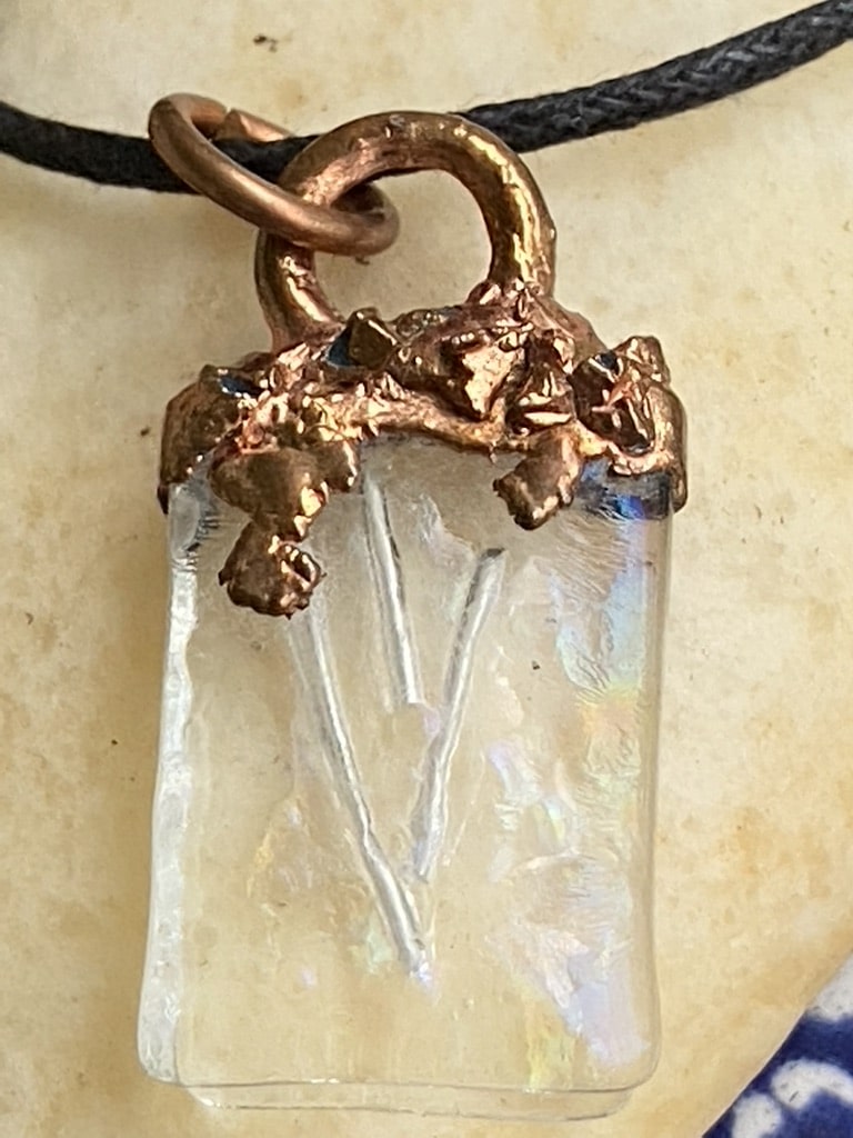 Modern Jewish Fine Silver Shin Pendant with Electroformed Copper and Fused Glass