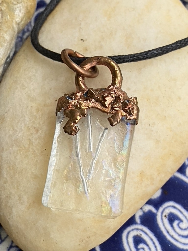 Modern Jewish Fine Silver Shin Pendant with Electroformed Copper and Fused Glass