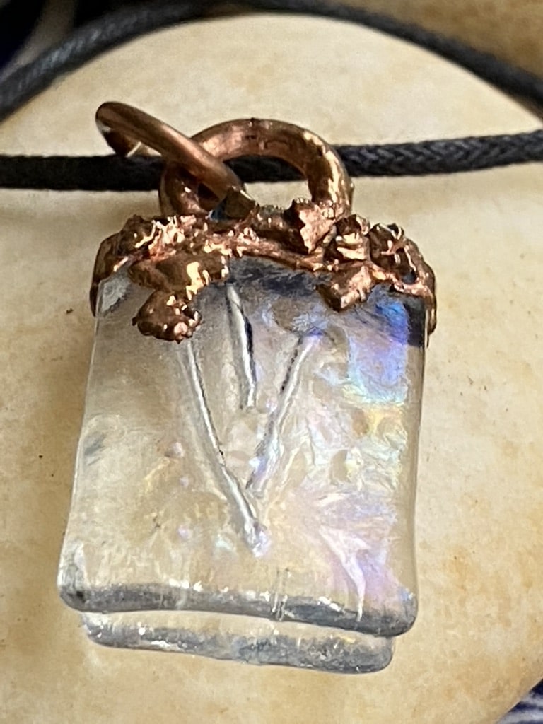 Modern Jewish Fine Silver Shin Pendant with Electroformed Copper and Fused Glass