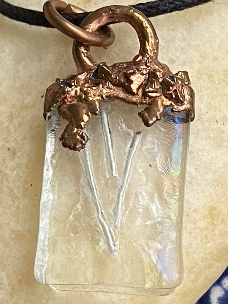 Modern Jewish Fine Silver Shin Pendant with Electroformed Copper and Fused Glass