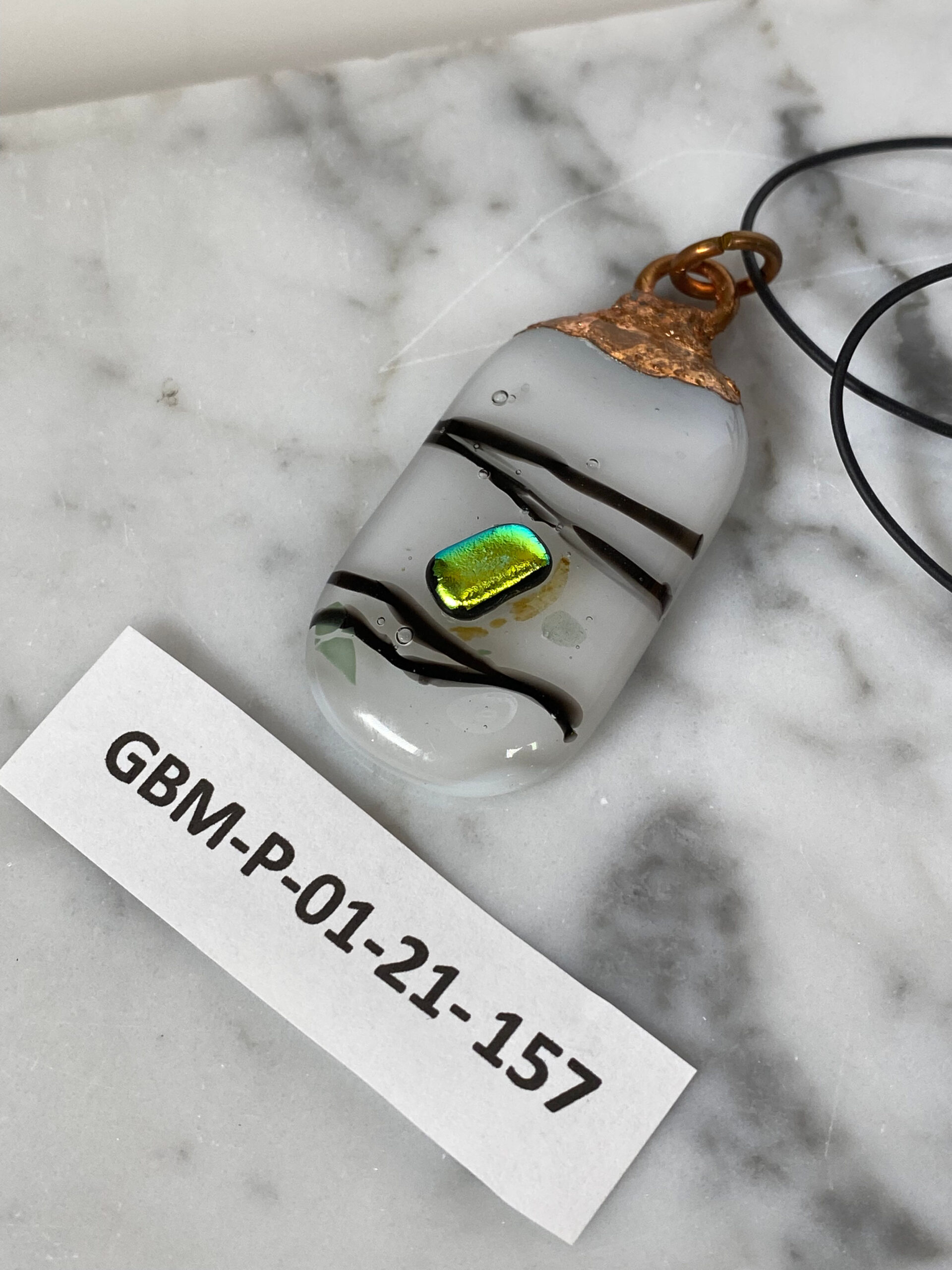 Electroformed Copper Pendant White With Black Accents And Green dichroic glass Fused Glass Electroformed Copper Pendant White With Black Accents And Green dichroic glass Fused Glass