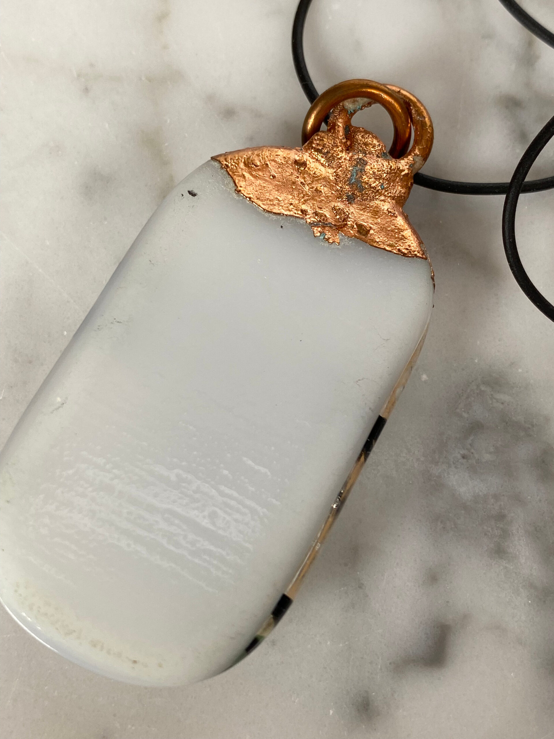 Electroformed Copper Pendant White With Black Accents And Green dichroic glass Fused Glass Electroformed Copper Pendant White With Black Accents And Green dichroic glass Fused Glass