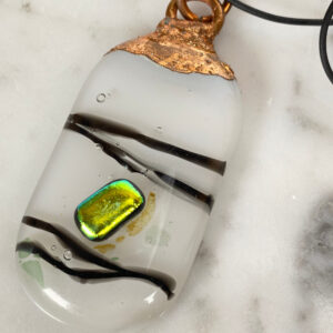 Electroformed Copper Pendant White With Black Accents And Green dichroic glass Fused Glass