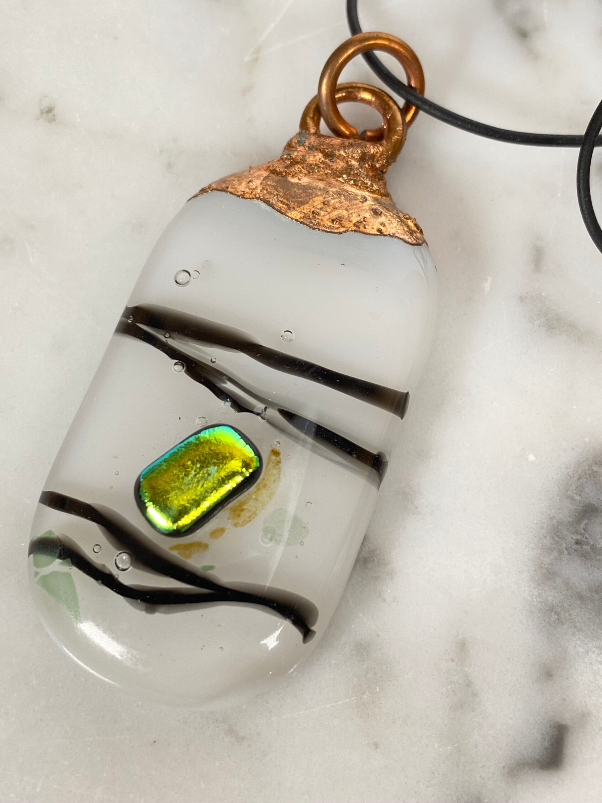 Electroformed Copper Pendant White With Black Accents And Green dichroic glass Fused Glass Electroformed Copper Pendant White With Black Accents And Green dichroic glass Fused Glass
