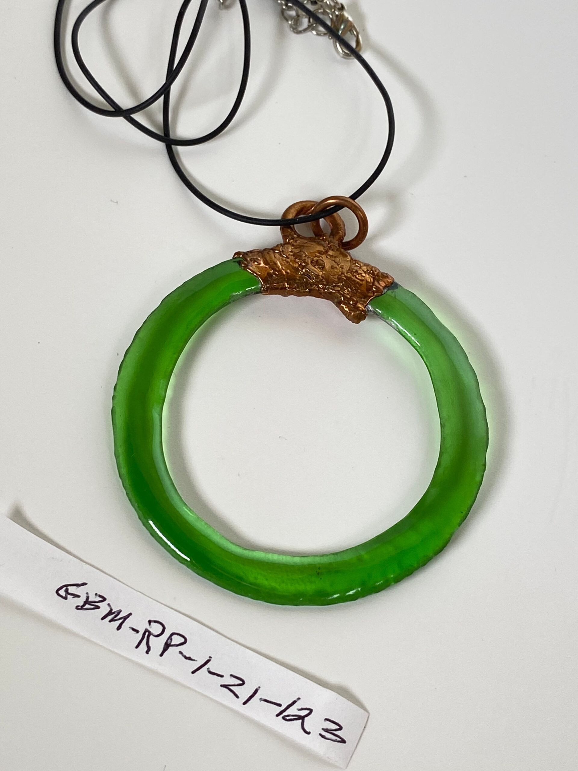 Electroformed Copper Pendant Green Recycled Glass (Save The Environment)