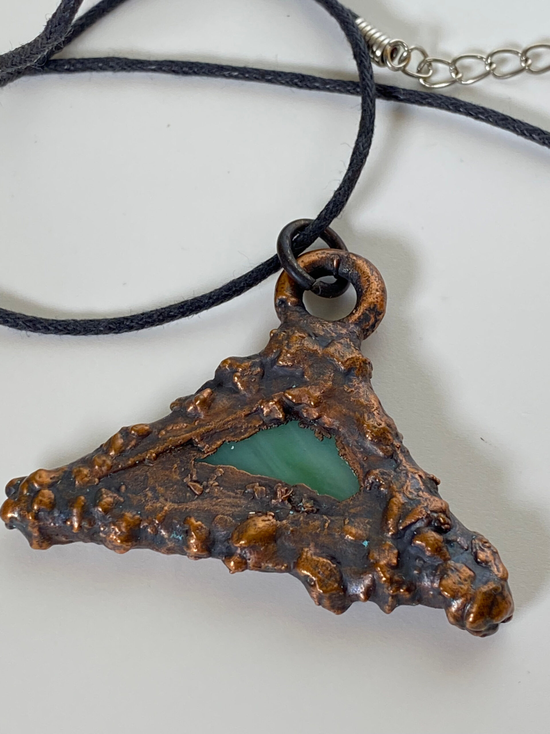 Electroformed Copper Pendant Green Fused Glass Unique Triangle Shape Electroformed Copper Pendant Green Fused Glass Unique Triangle Shape