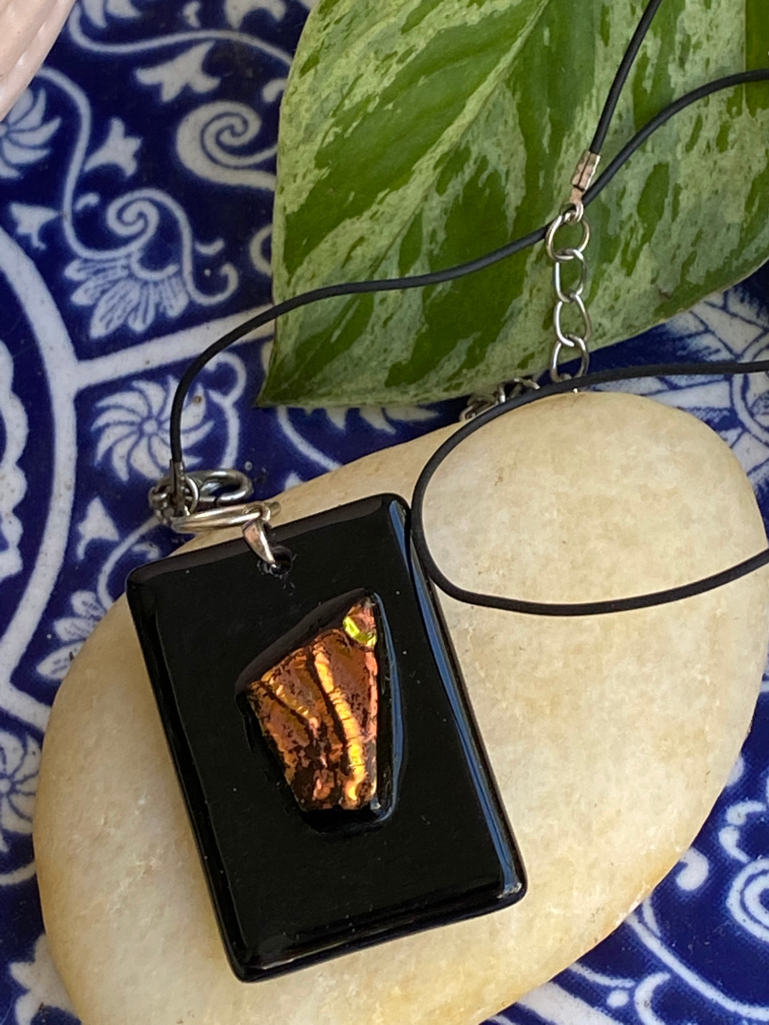 Electroformed Copper Fused Glass Pendant Black With Copper Dichroic Glass Accents