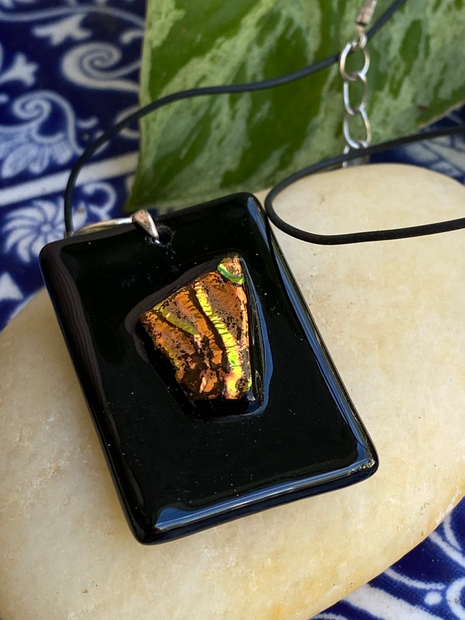 Electroformed Copper Fused Glass Pendant Black With Copper Dichroic Glass Accents
