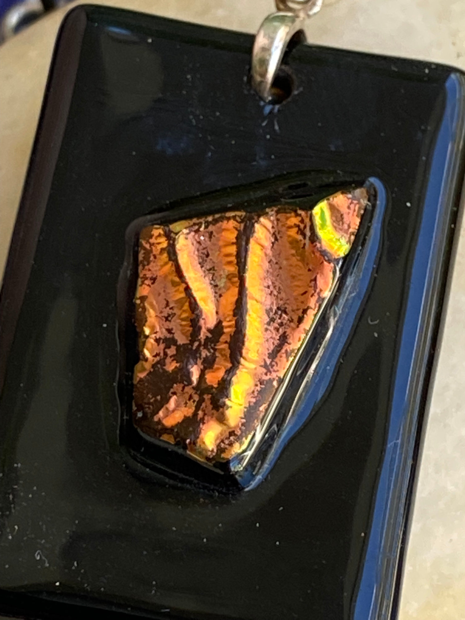 Electroformed Copper Fused Glass Pendant Black With Copper Dichroic Glass Accents