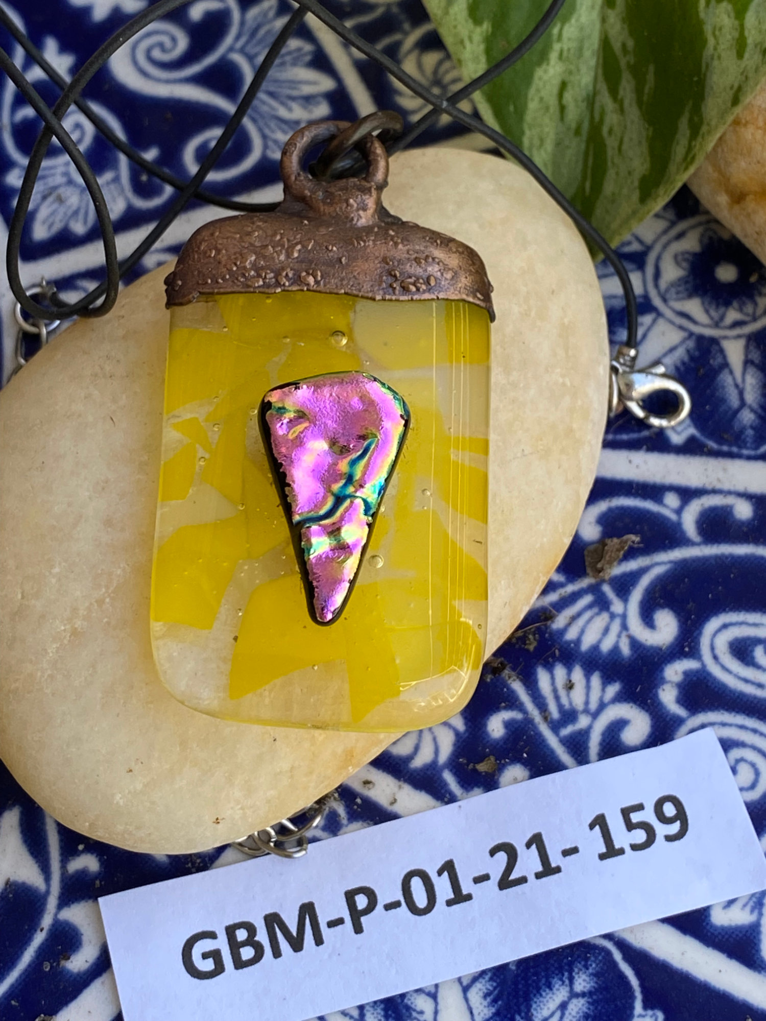 Electroformed Copper Fused Glass Pendant Yellow With Pink Dichroic Glass Accents Electroformed Copper Fused Glass Pendant Yellow With Pink Dichroic Glass Accents