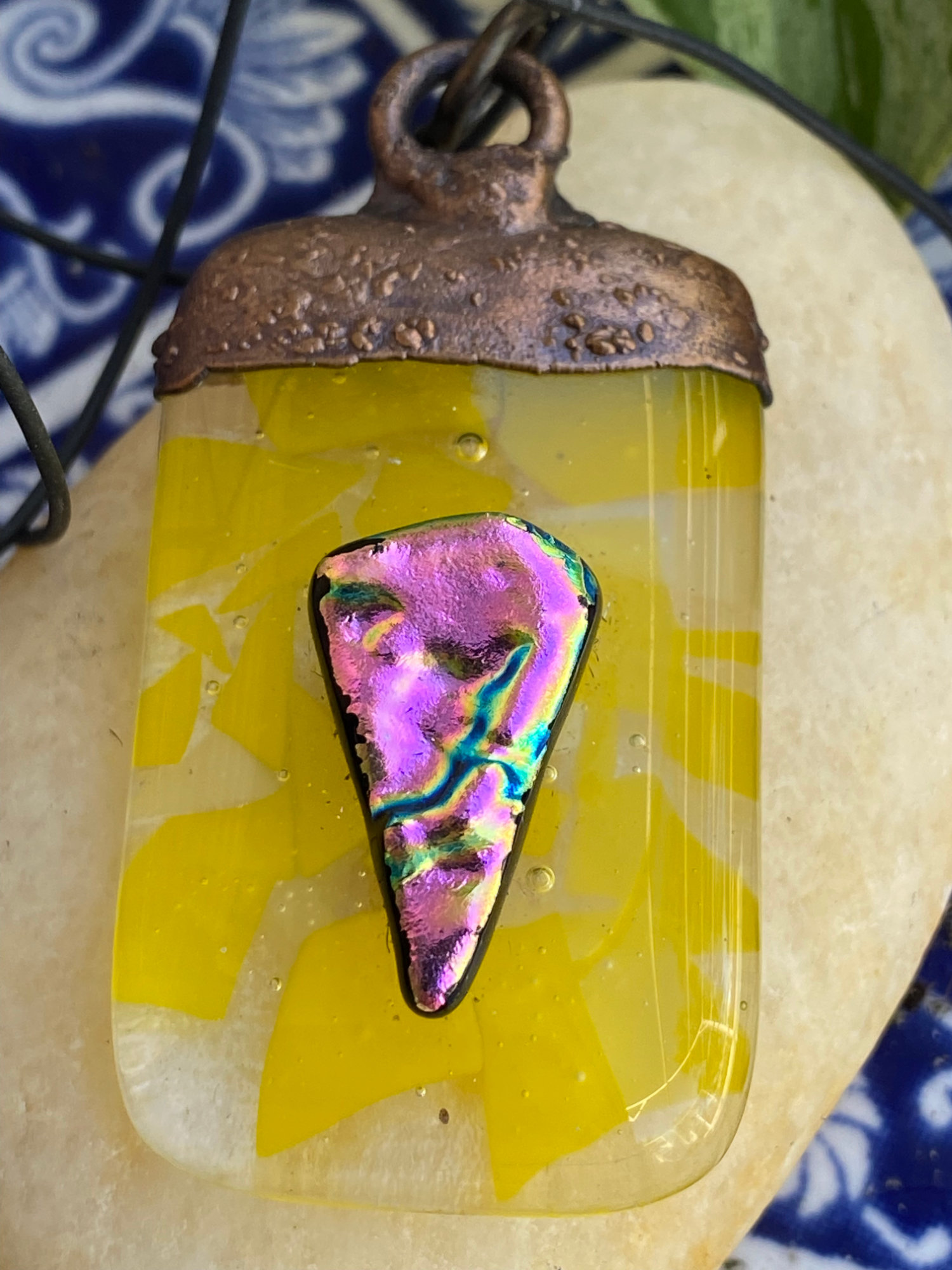 Electroformed Copper Fused Glass Pendant Yellow With Pink Dichroic Glass Accents Electroformed Copper Fused Glass Pendant Yellow With Pink Dichroic Glass Accents