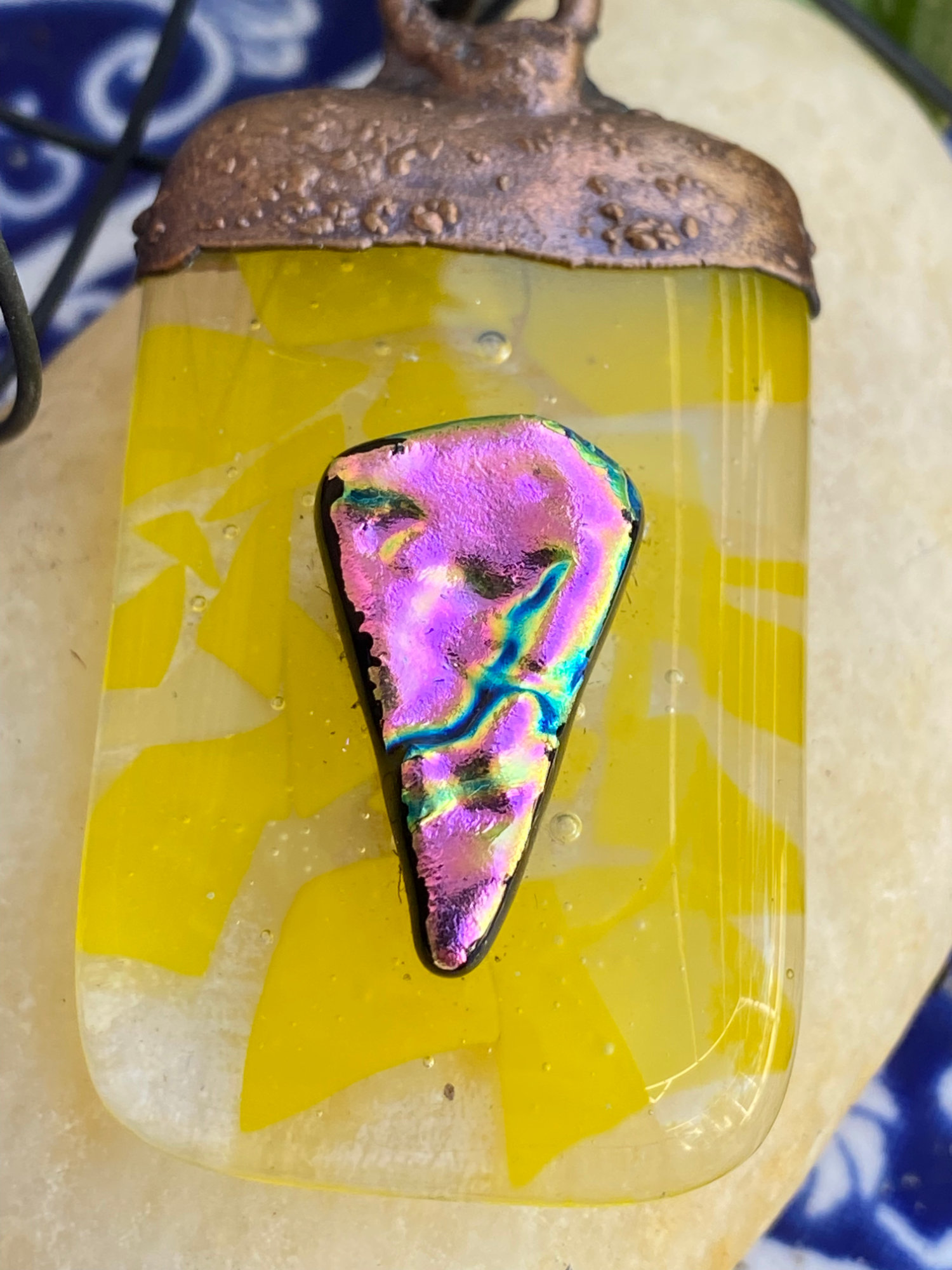 Electroformed Copper Fused Glass Pendant Yellow With Pink Dichroic Glass Accents Electroformed Copper Fused Glass Pendant Yellow With Pink Dichroic Glass Accents