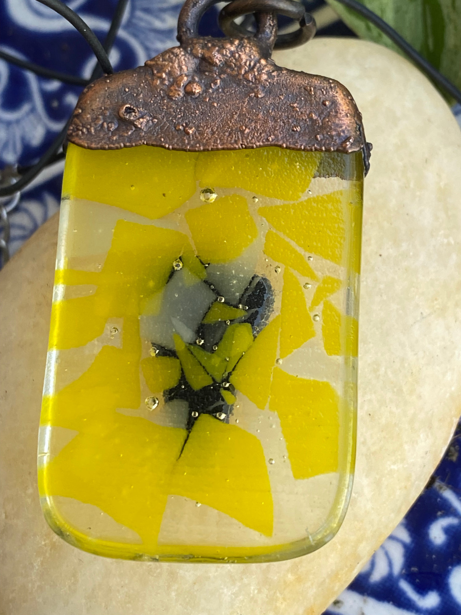 Electroformed Copper Fused Glass Pendant Yellow With Pink Dichroic Glass Accents Electroformed Copper Fused Glass Pendant Yellow With Pink Dichroic Glass Accents