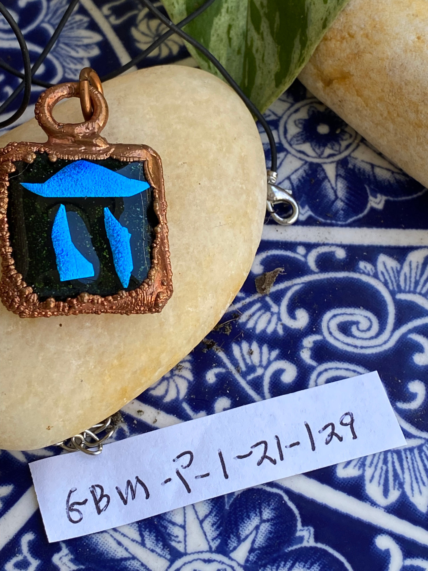 Electroformed Copper Fused Glass Pendant Black With Blue Chai Dichroic Glass Accents Electroformed Copper Fused Glass Pendant Black With Blue Chai Dichroic Glass Accents