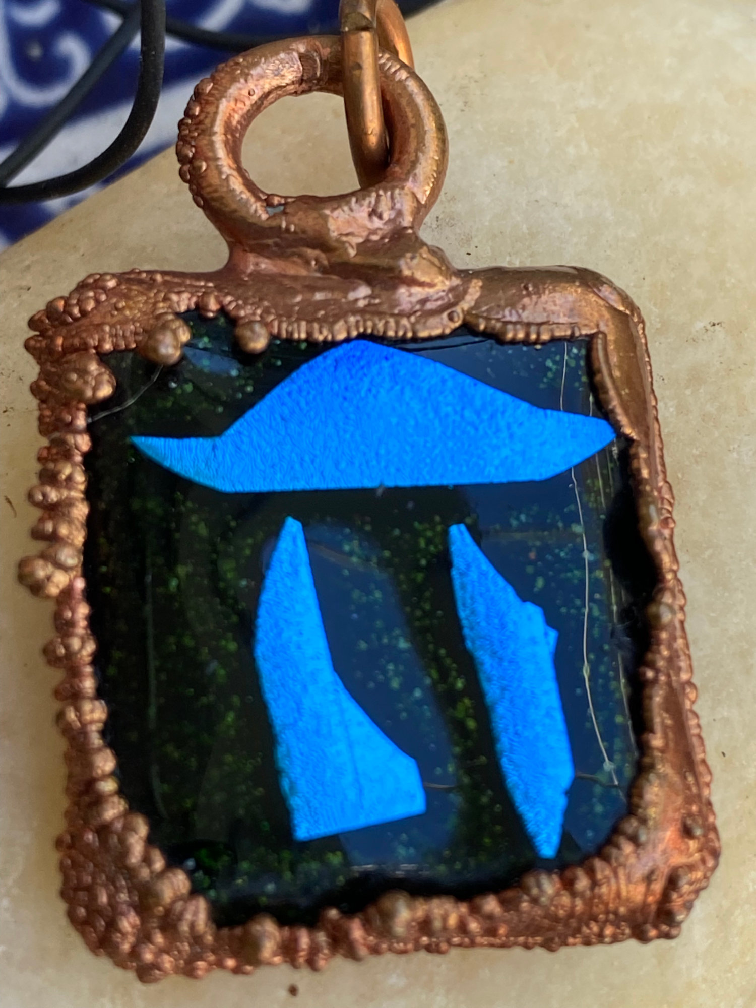 Electroformed Copper Fused Glass Pendant Black With Blue Chai Dichroic Glass Accents Electroformed Copper Fused Glass Pendant Black With Blue Chai Dichroic Glass Accents