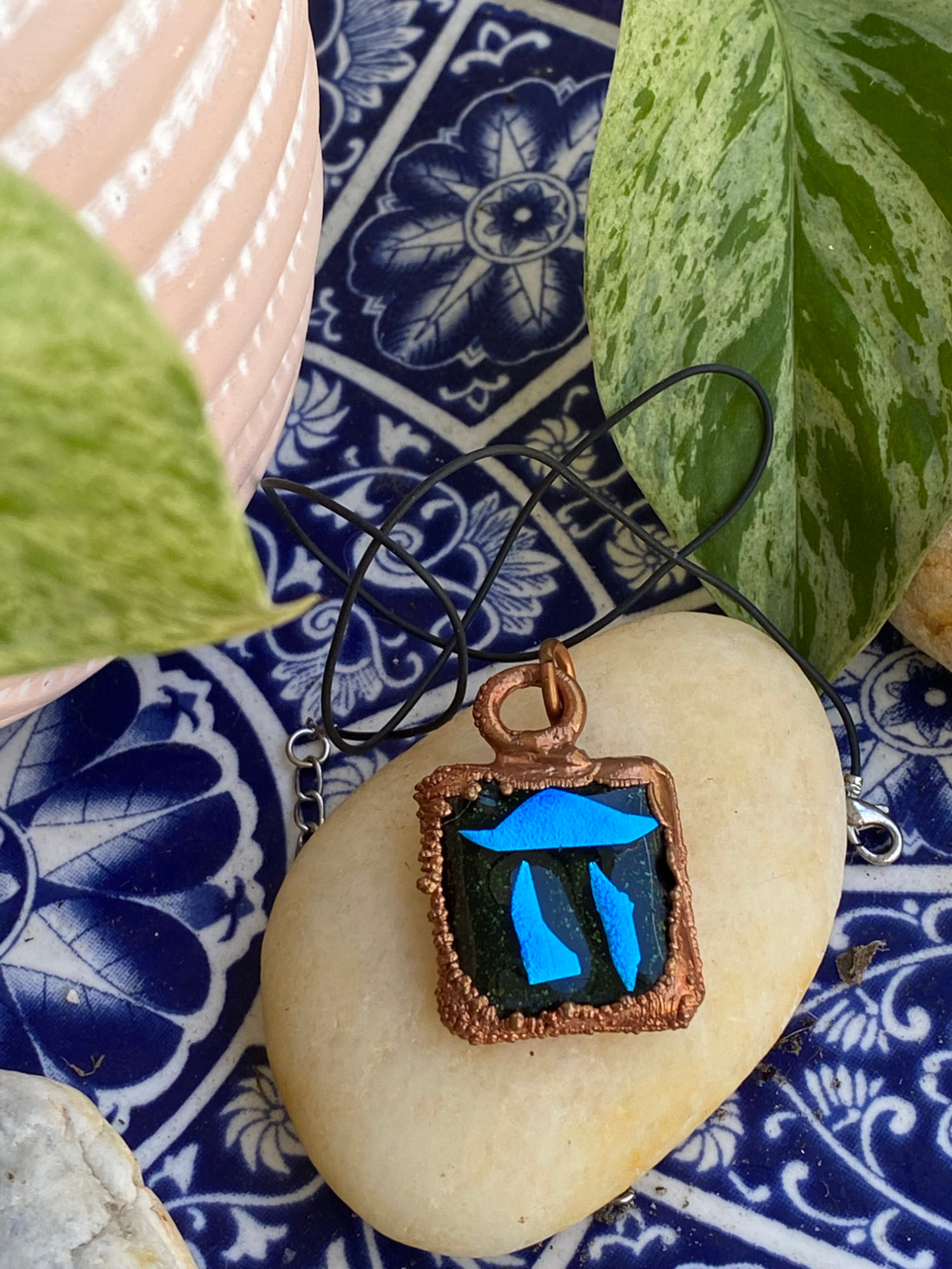 Electroformed Copper Fused Glass Pendant Black With Blue Chai Dichroic Glass Accents Electroformed Copper Fused Glass Pendant Black With Blue Chai Dichroic Glass Accents