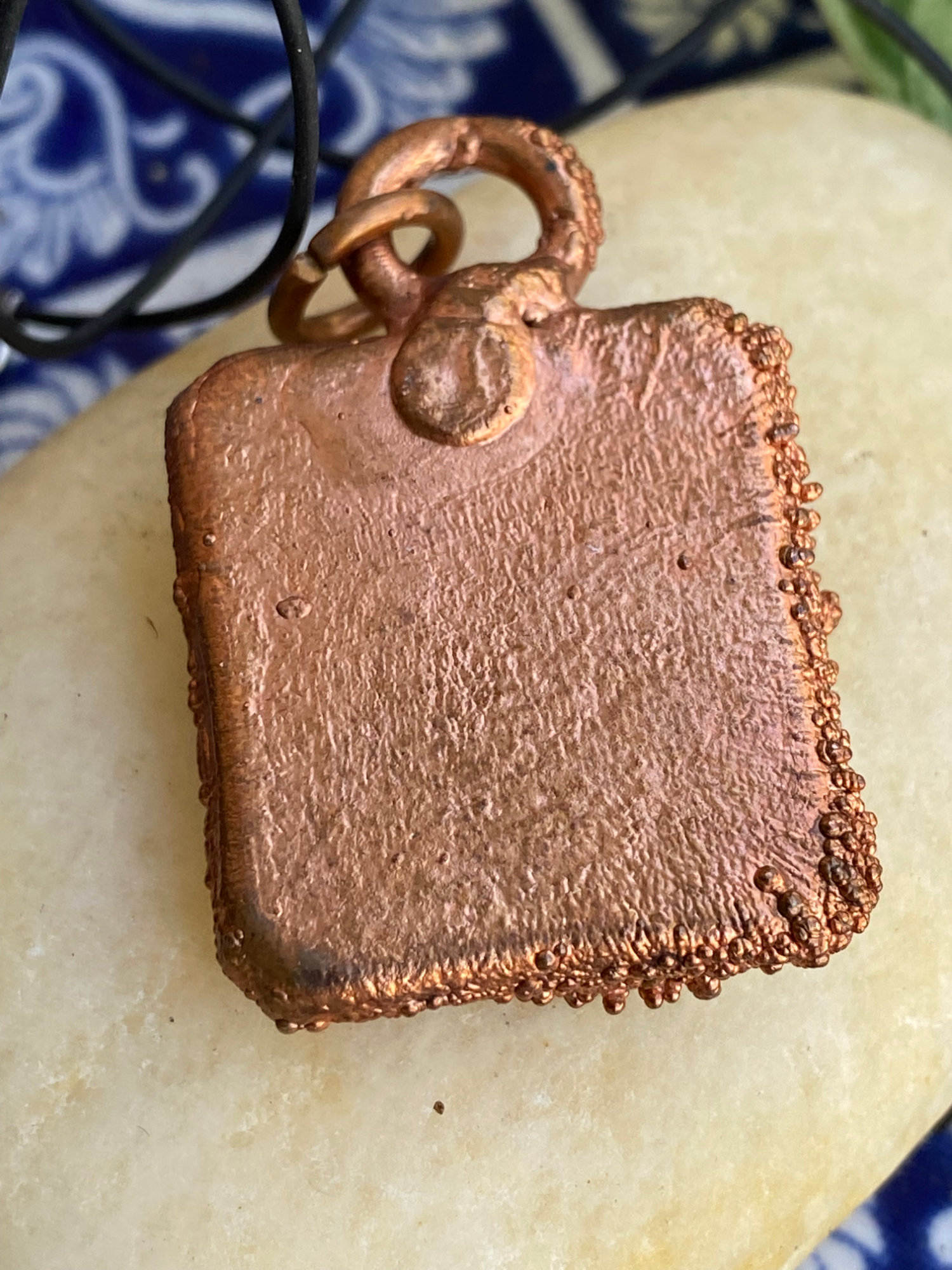 Electroformed Copper Fused Glass Pendant Black With Blue Chai Dichroic Glass Accents Electroformed Copper Fused Glass Pendant Black With Blue Chai Dichroic Glass Accents