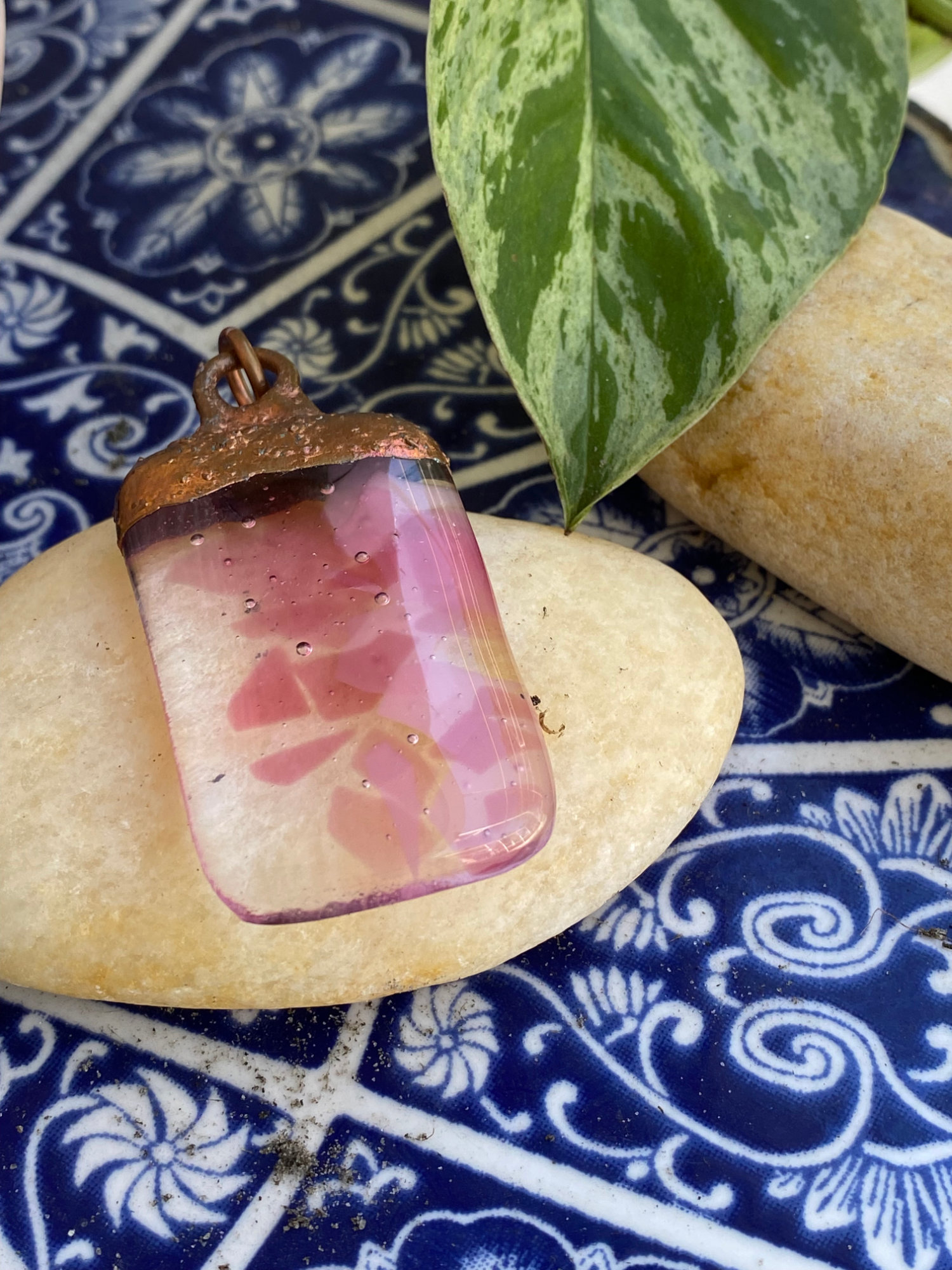 Electroformed Copper Pendant Clear With Pink Accents Fused Glass Electroformed Copper Pendant Clear With Pink Accents Fused Glass