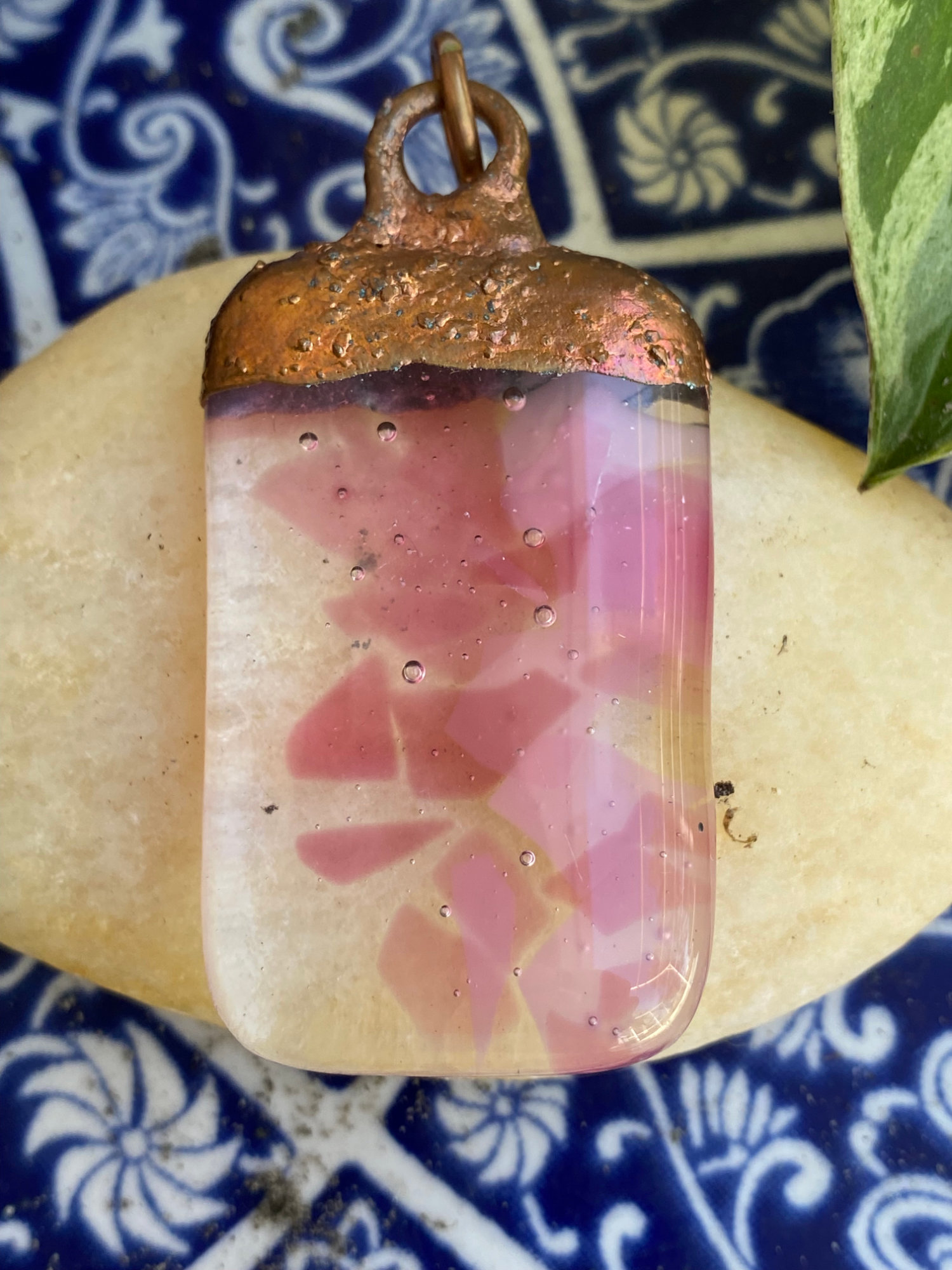 Electroformed Copper Pendant Clear With Pink Accents Fused Glass Electroformed Copper Pendant Clear With Pink Accents Fused Glass