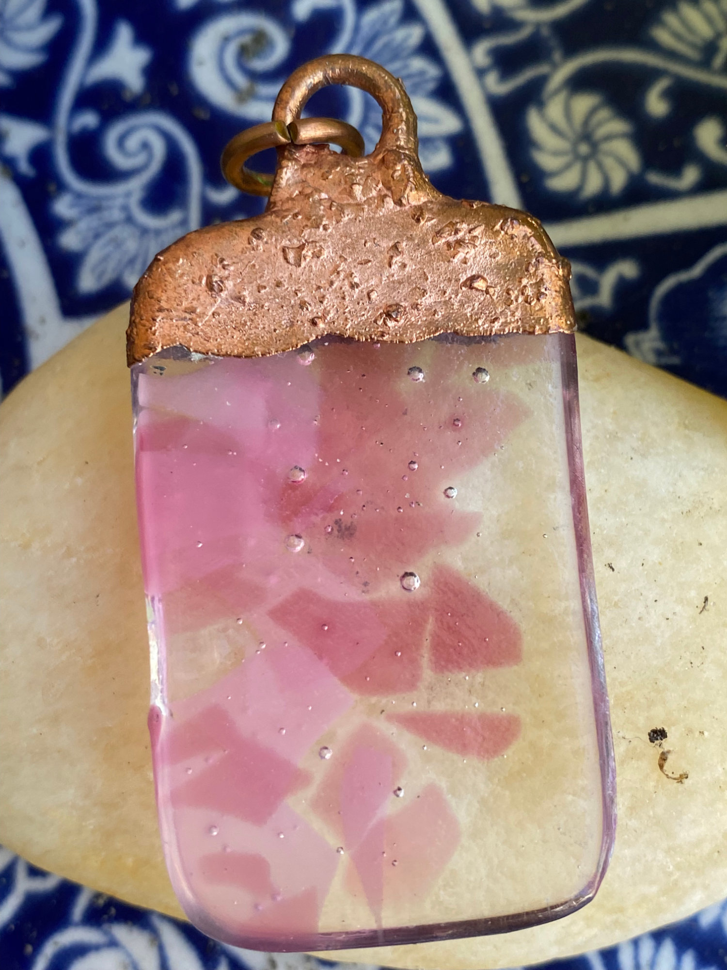 Electroformed Copper Pendant Clear With Pink Accents Fused Glass Electroformed Copper Pendant Clear With Pink Accents Fused Glass